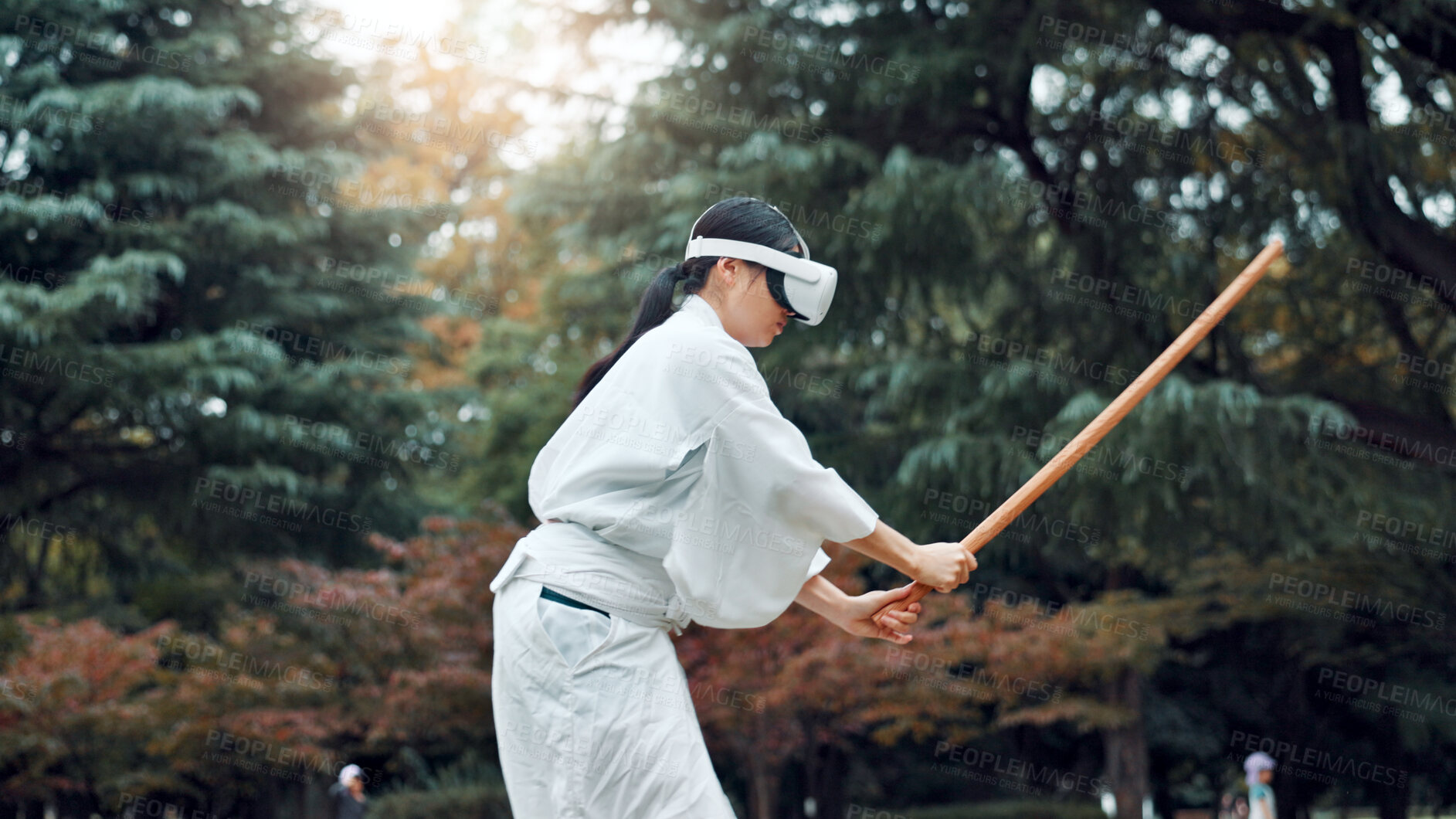 Buy stock photo Virtual reality, cyber and Asian woman with sword for martial arts, Kendo practice and exercise. Culture, metaverse and person with shinai, VR tech and goggles for skill, fight and training in Japan