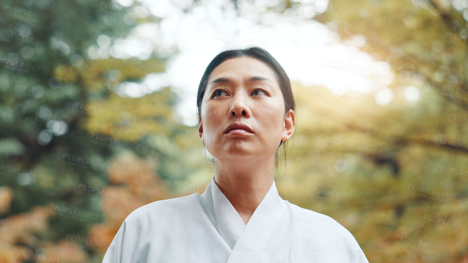 Buy stock photo Woman, thinking and reflection in nature for peace, idea and mindset for martial arts practice in Tokyo. Japanese samurai, daydreaming and relax in park with nostalgia, memories and culture in sport