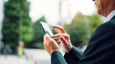 Buy stock photo Outdoor, hands and businessman with smartphone on app for city navigation and directions in Japan. Male person, employee and community in downtown Tokyo with online map for location and address