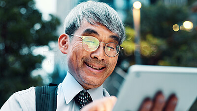 Buy stock photo Outdoor, businessman and smile with tablet on internet for stock exchange rates in Japan. Mature person, city and happy as employee in finance on website or app for market share or investment returns