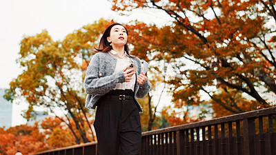 Buy stock photo Phone, woman and running late with time check, park bride and rush for job in city. Japanese person, professional stress and schedule issue with work, appointment and overtime for autumn morning