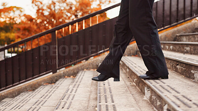 Buy stock photo Walking, steps and travel with business person in Japan city for commute, journey and professional. Corporate, urban and pride with closeup of shoes of employee and stairs for confidence and legs