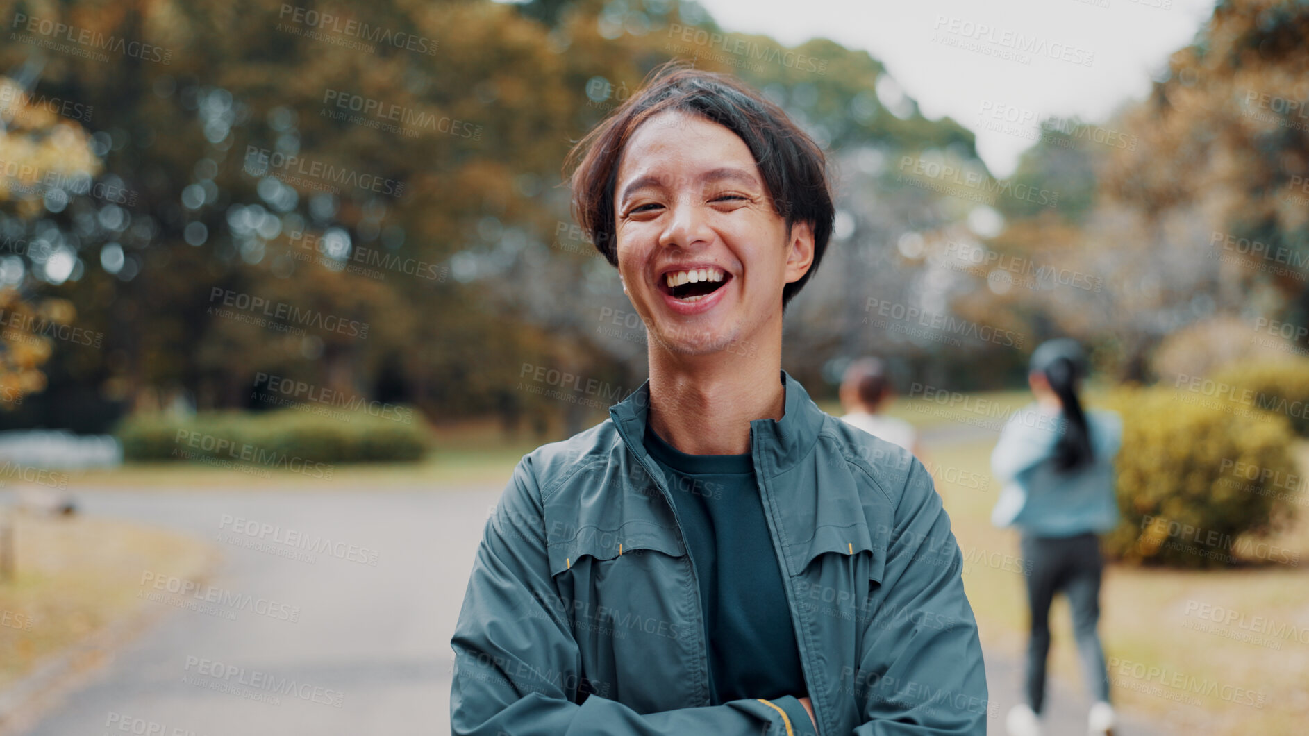 Buy stock photo Smile, crossed arms and portrait of man in nature for fitness, health and wellness exercise. Outdoor, happy and male athlete with confidence for cardio workout with marathon training in park in japan