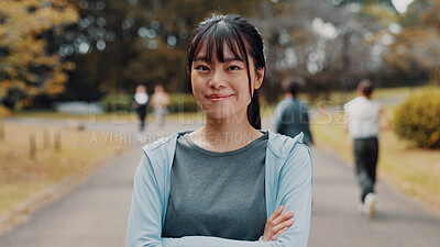 Buy stock photo Smile, crossed arms and portrait of woman in nature for fitness, health and wellness exercise. Outdoor, happy and athlete with confidence for cardio workout with marathon training in park in japan