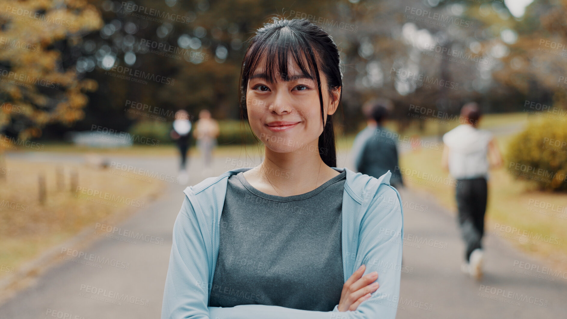 Buy stock photo Smile, crossed arms and portrait of woman in nature for fitness, health and wellness exercise. Outdoor, happy and athlete with confidence for cardio workout with marathon training in park in japan