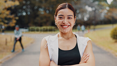 Buy stock photo Fitness, crossed arms and portrait of woman in nature for running, health and wellness exercise. Outdoor, smile and athlete with confidence for cardio workout with marathon training in park in japan