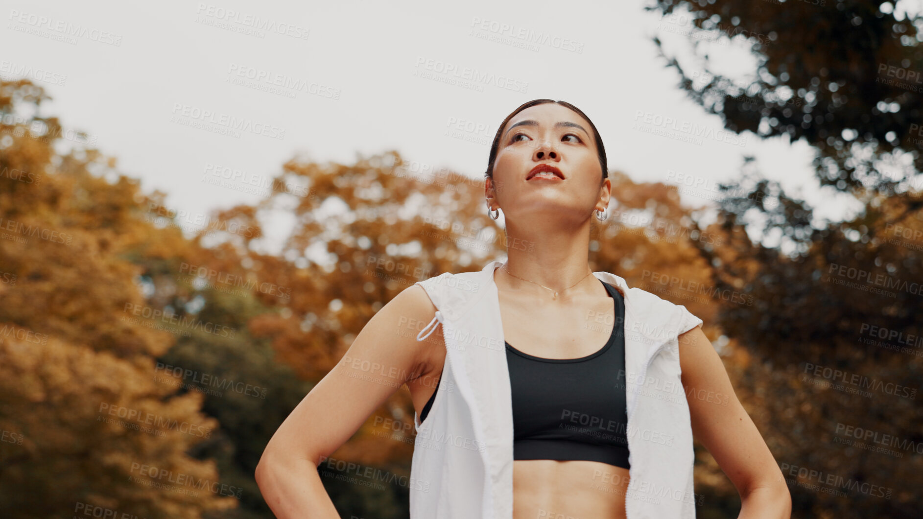 Buy stock photo Thinking, nature and woman with running for workout outdoor with health, wellness and activity. Idea, park and female person with cardio exercise for marathon, challenge or race training in Japan.