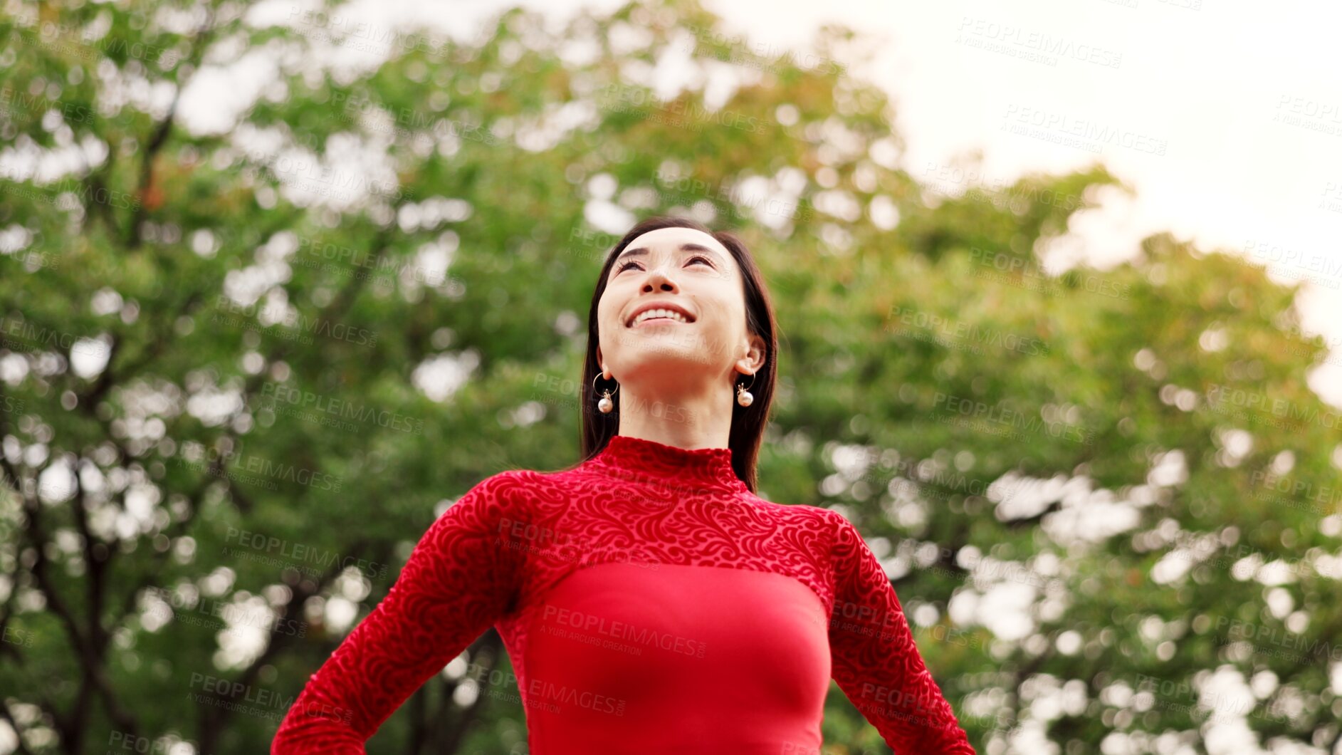 Buy stock photo Woman, dancer and thinking in park with smile, inspiration and start practice with low angle in summer. Person, ballet and happy with reflection, perspective and excited with creativity in Japan