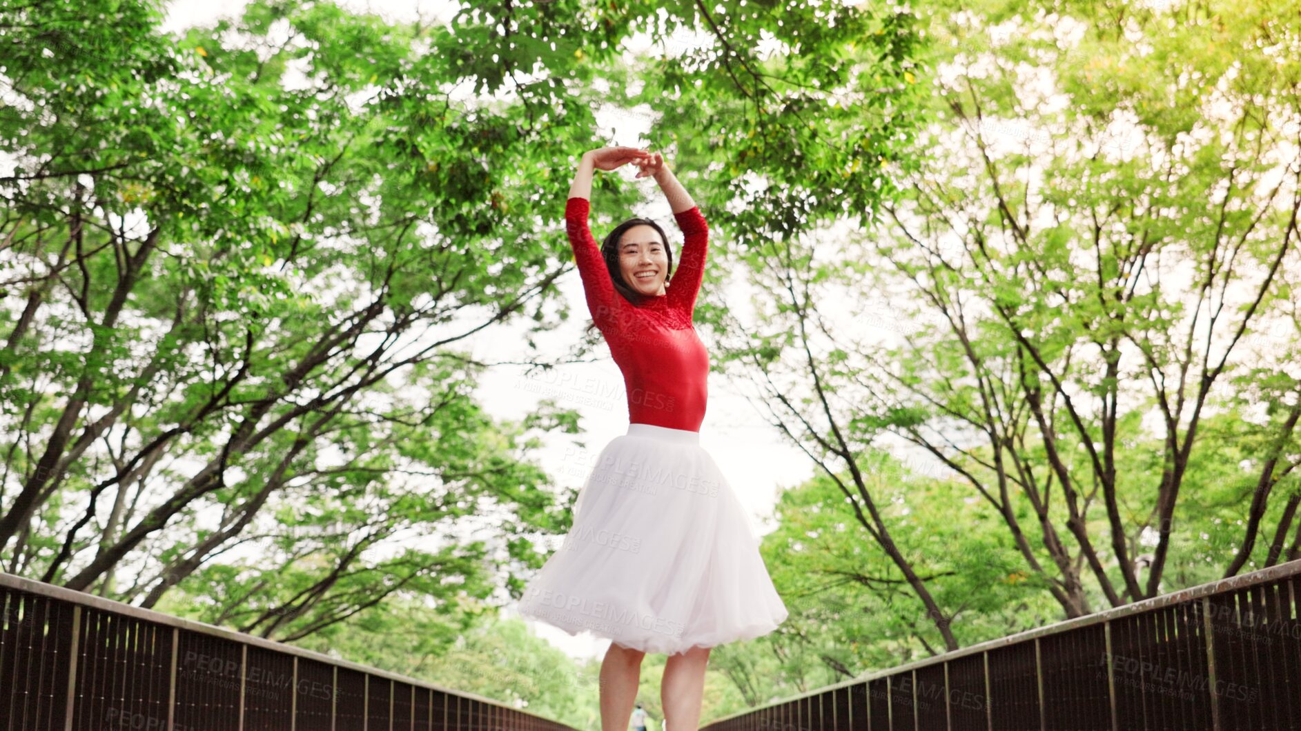 Buy stock photo Woman, portrait and ballet dancing in nature, outdoor and practice performance in park. Female person, professional dancer and creative talent in Japan, rehearsal and urban garden for elegant art