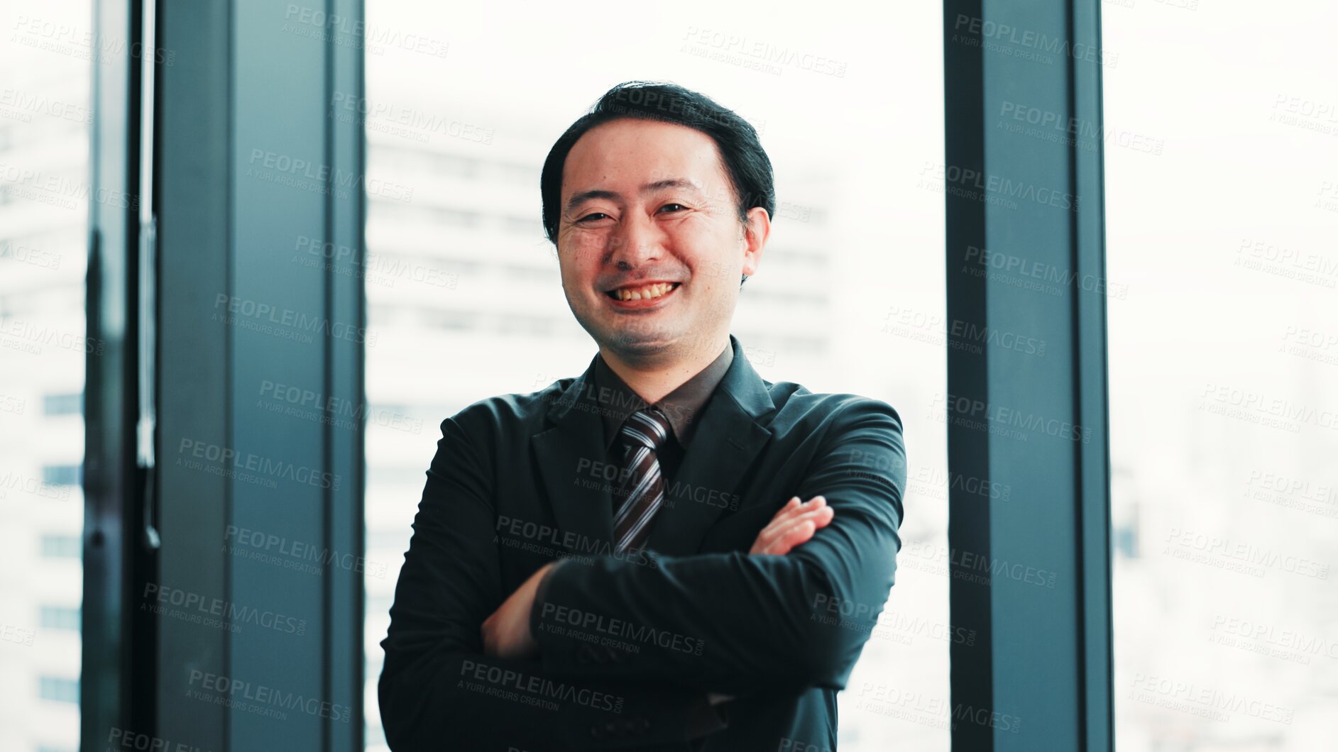 Buy stock photo Happy, crossed arms and portrait of businessman in office with confidence for finance career. Smile, pride and Japanese male financial manager with positive attitude for company revenue in workplace.