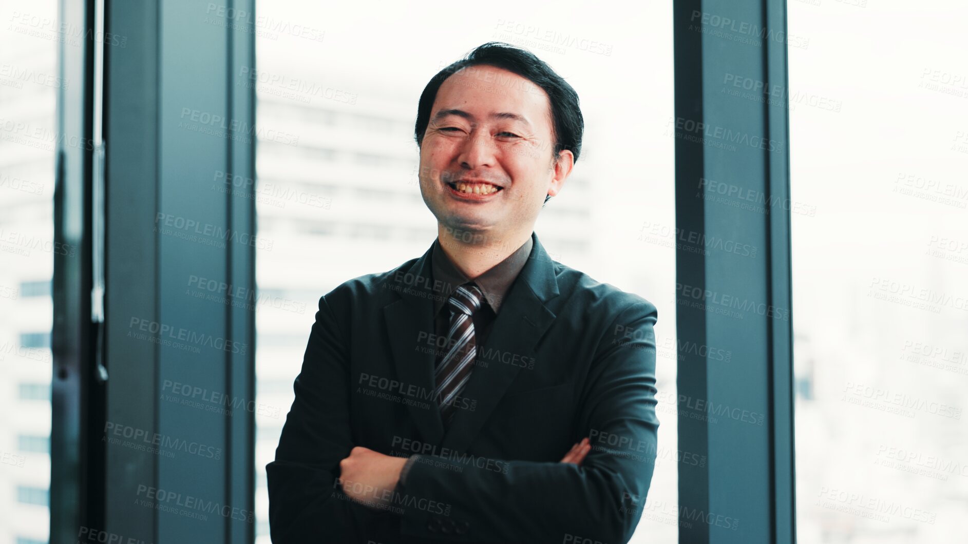 Buy stock photo Smile, crossed arms and portrait of businessman in office with confidence for finance career. Happy, pride and Japanese male financial manager with positive attitude for company revenue in workplace.