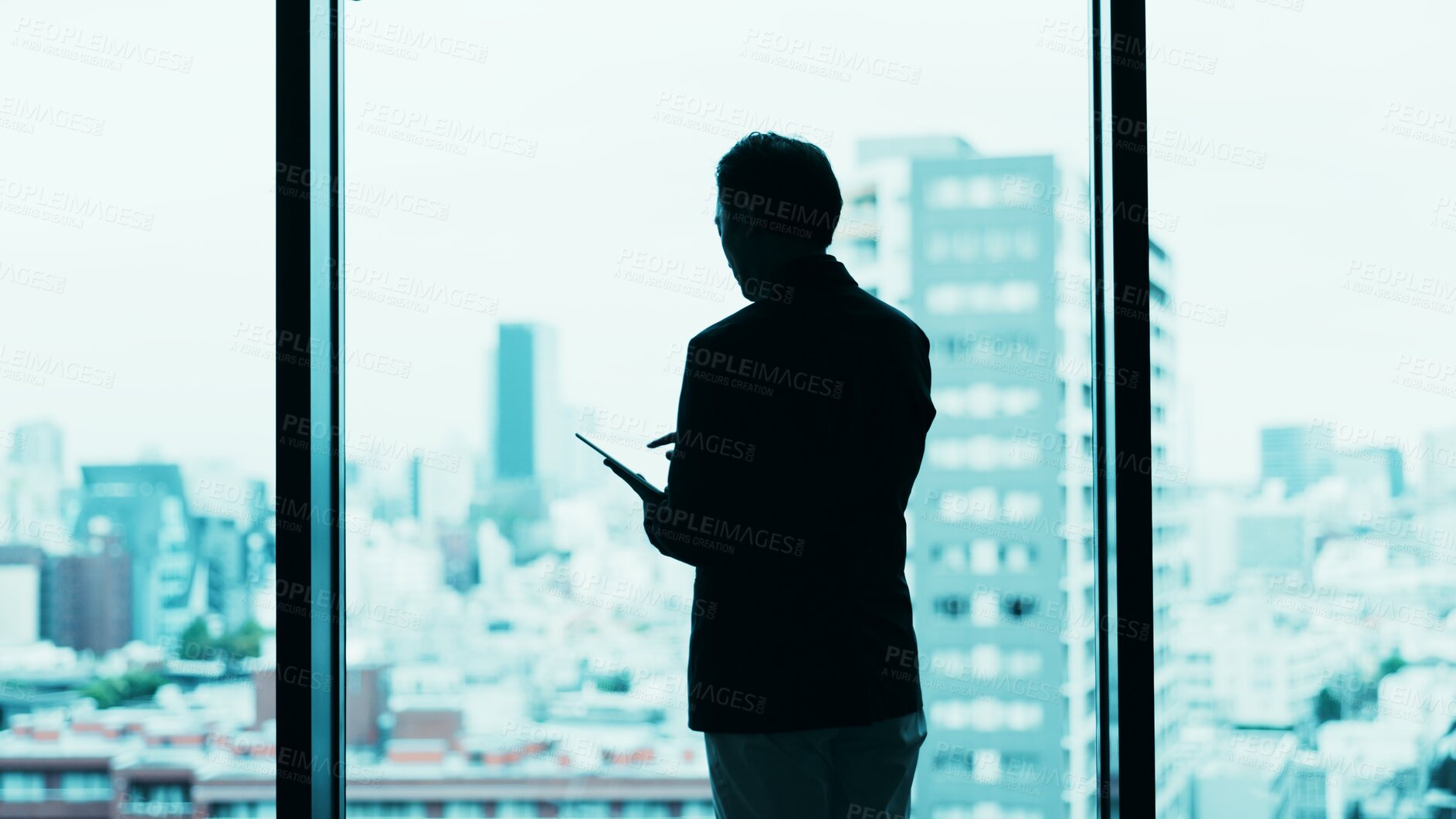 Buy stock photo Businessman, tablet or silhouette at window for research, planning or feedback in Japanese company. Finance investor, tech or online in office for banking, stock market news or investment opportunity