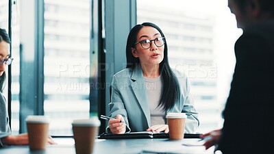 Buy stock photo Office, employees and businesswoman with documents for report, policy review or feedback for law firm. Japan, teamwork and lawyers with advocate for court case notes, planning and justice progress