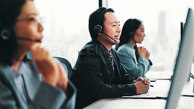 Buy stock photo Virtual assistant, telecom or Japanese man on computer in call center for consulting, online help or loan advice. Coworking, consultant or agent with service for telemarketing or sales communication