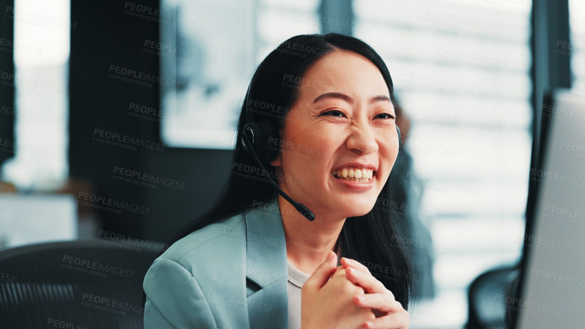 Buy stock photo Woman, laughing and customer support agent in office, funny joke and advisor to client. Female person, call centre representative and help consumer with loan, Japan and computer at insurance agency