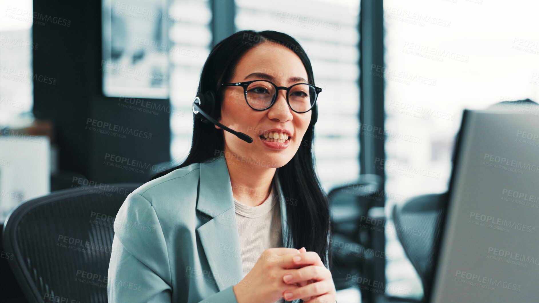 Buy stock photo Consultant, telecom or Japanese woman on computer in call center for consulting or loan advice. Explain, virtual assistant or agent talking on pc with service for telemarketing or sales communication