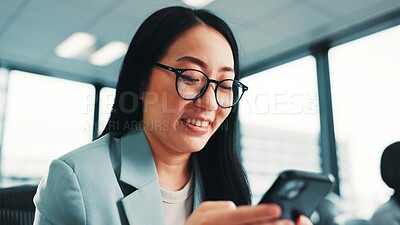 Buy stock photo Smile, business or Japanese woman with smartphone, funny meme and social media for internet search. Notification, check or happy accountant with mobile for news, website and browse blog in office