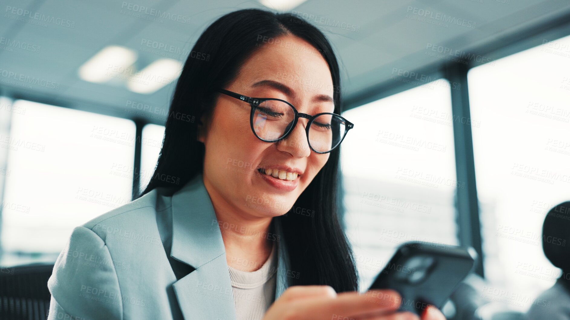 Buy stock photo Smile, business or Japanese woman with smartphone, funny meme and social media for internet search. Notification, check or happy accountant with mobile for news, website and browse blog in office