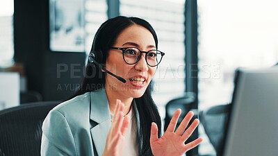 Buy stock photo Consultant, talking or Japanese woman in call center for consulting and loan advice on computer. Explain, virtual assistant or agent with customer service for telemarketing or sales communication