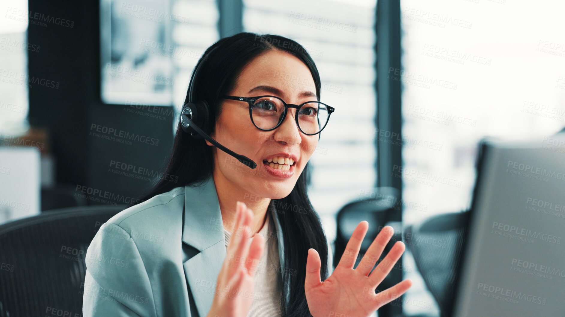 Buy stock photo Consultant, talking or Japanese woman in call center for consulting and loan advice on computer. Explain, virtual assistant or agent with customer service for telemarketing or sales communication