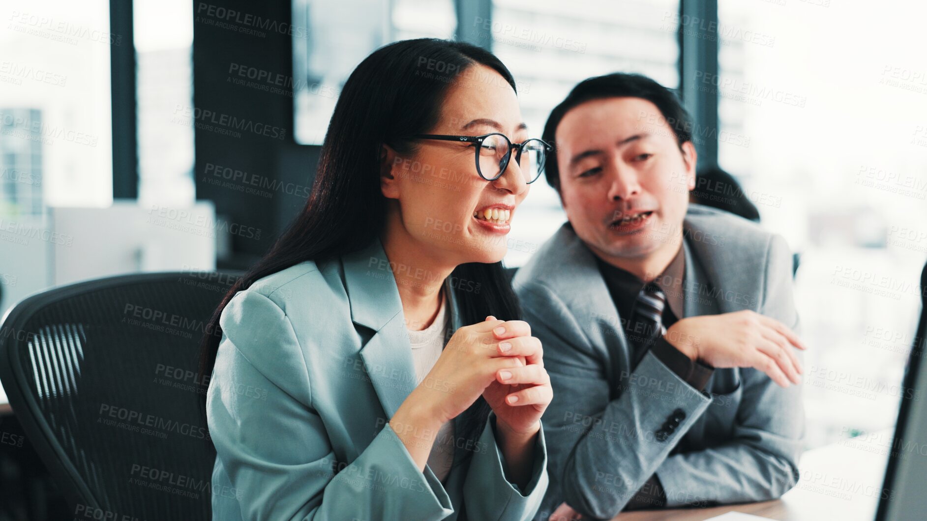 Buy stock photo Japanese, business people and collaboration in office for feedback, review and teamwork for project. Woman, man and together for partnership, conversation and career in management for finance company