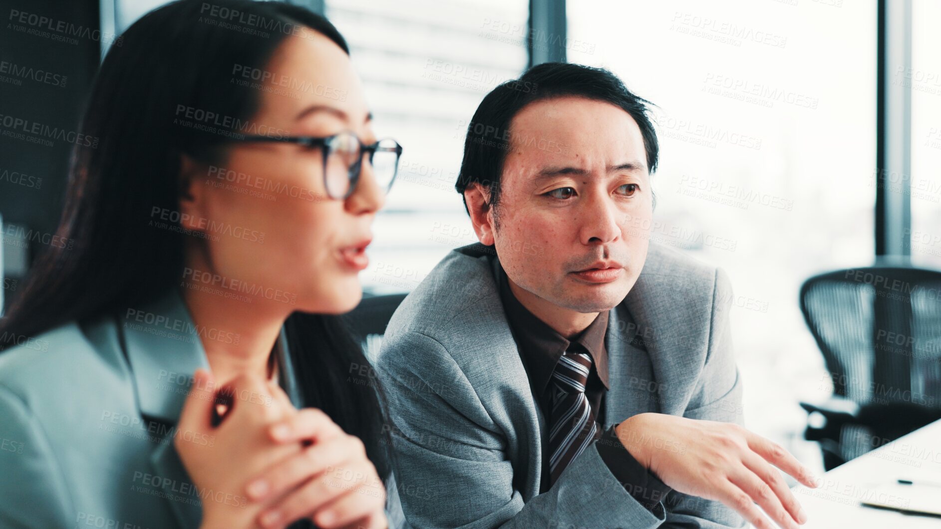 Buy stock photo Help, manager and Asian business people in office with feedback, review and meeting for online project. Computer, corporate and worker with boss for teamwork, collaboration and discussion in Japan