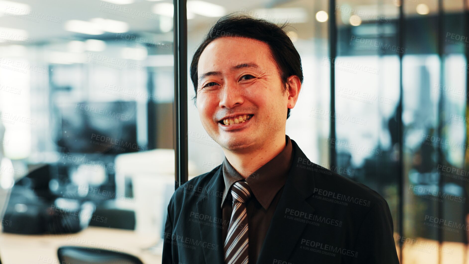 Buy stock photo Portrait, business and man in office, finance and smile with happiness, career ambition and joy. Japanese person, economy analyst and investment banker with joy, cheerful and corporate professional