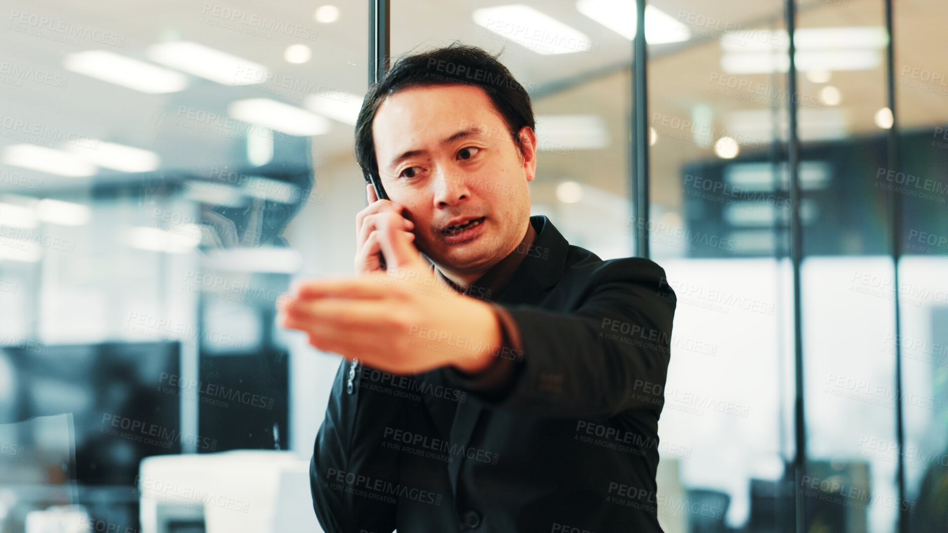 Buy stock photo Japanese, businessman and phone call for feedback, discussion and conversation for project in office. Male person, mobile tech and talking for network, review or deal as management for finance agency