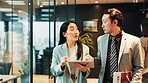 Business, discussion and people walking with tablet for signature on funding request application or proposal review. Accountant, assistant or digital contract for investment approval at Japanese firm