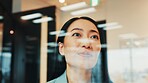 Business, window and thinking with woman, ideas and thoughtful in modern office. Employee, journalist and magazine editor with decision, solution and planning with problem solving, choice and Japan