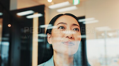 Buy stock photo Business, window and thinking with woman, ideas and thoughtful in modern office. Employee, journalist and magazine editor with decision, solution and planning with problem solving, choice and Japan