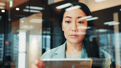 Buy stock photo Business, glass and Asian woman in office on tablet for website, research and project review. Corporate, professional and person on digital tech for planning, internet and email networking in Japan