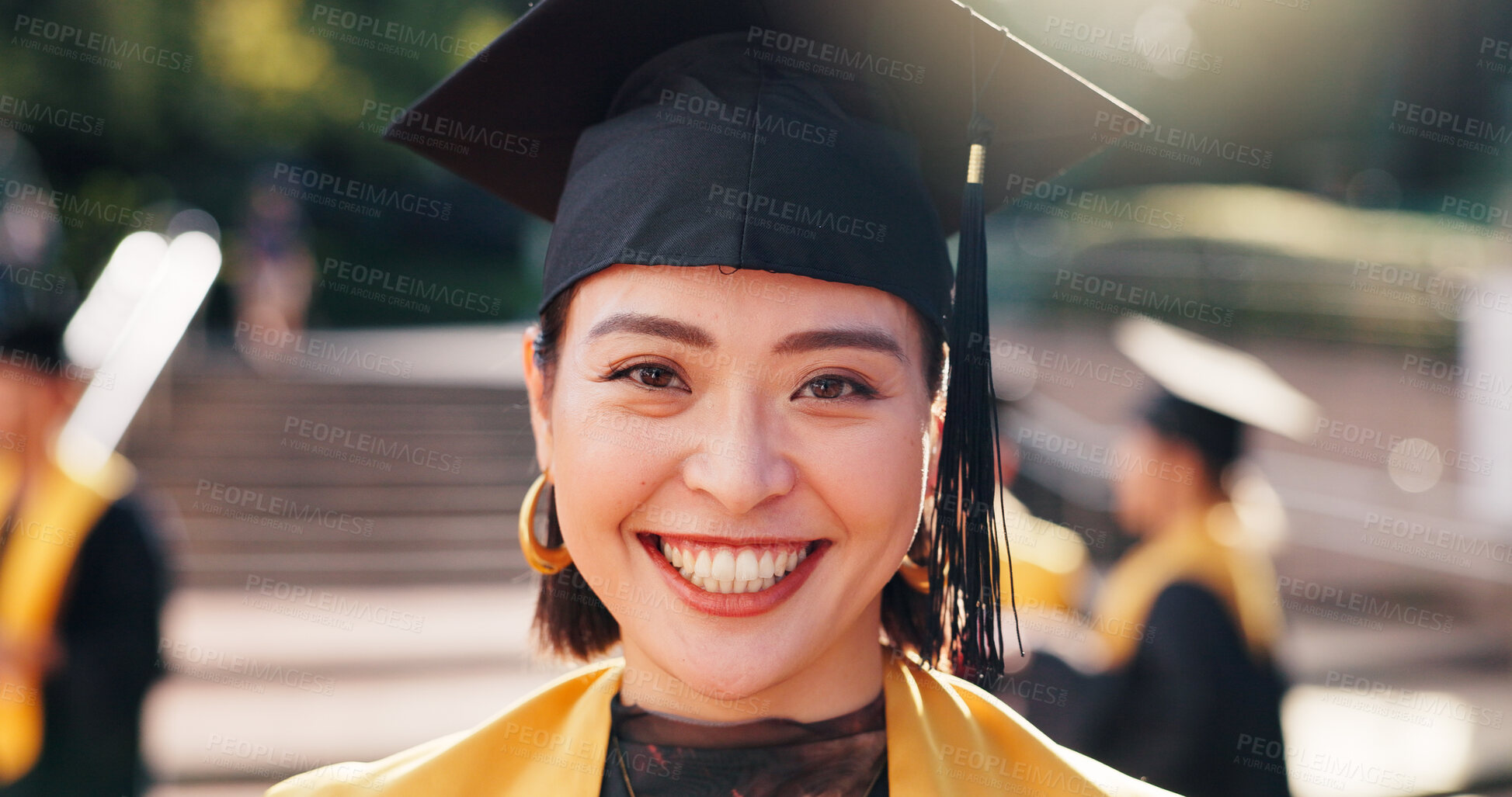 Buy stock photo Woman, university student and proud on portrait for graduation, celebration and achievements in Japan. Female person, college graduate and smile or happy with study and academic success on campus