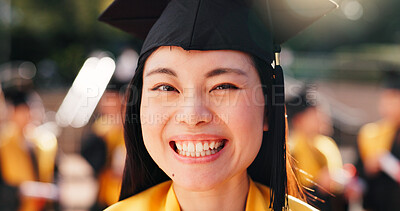 Buy stock photo Woman, university student and excited on portrait for graduation, celebration and achievements in Japan. Female person, college graduate and smile or happy with study and academic success on campus