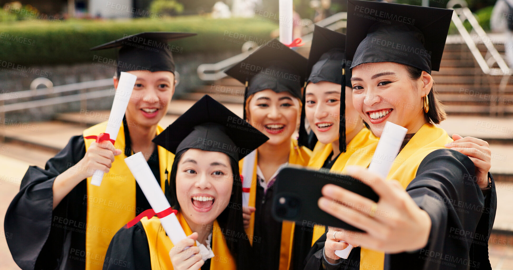 Buy stock photo People, university student and smile on graduation with selfie for social media or profile picture in Japan. Friends, campus and happy with scroll for memories, success or achievement as classmates