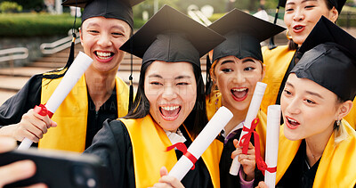 Buy stock photo People, university student and excited on graduation with selfie for social media or profile picture in Japan. Classmates, campus and smile with scroll for memory, success and achievement as friends