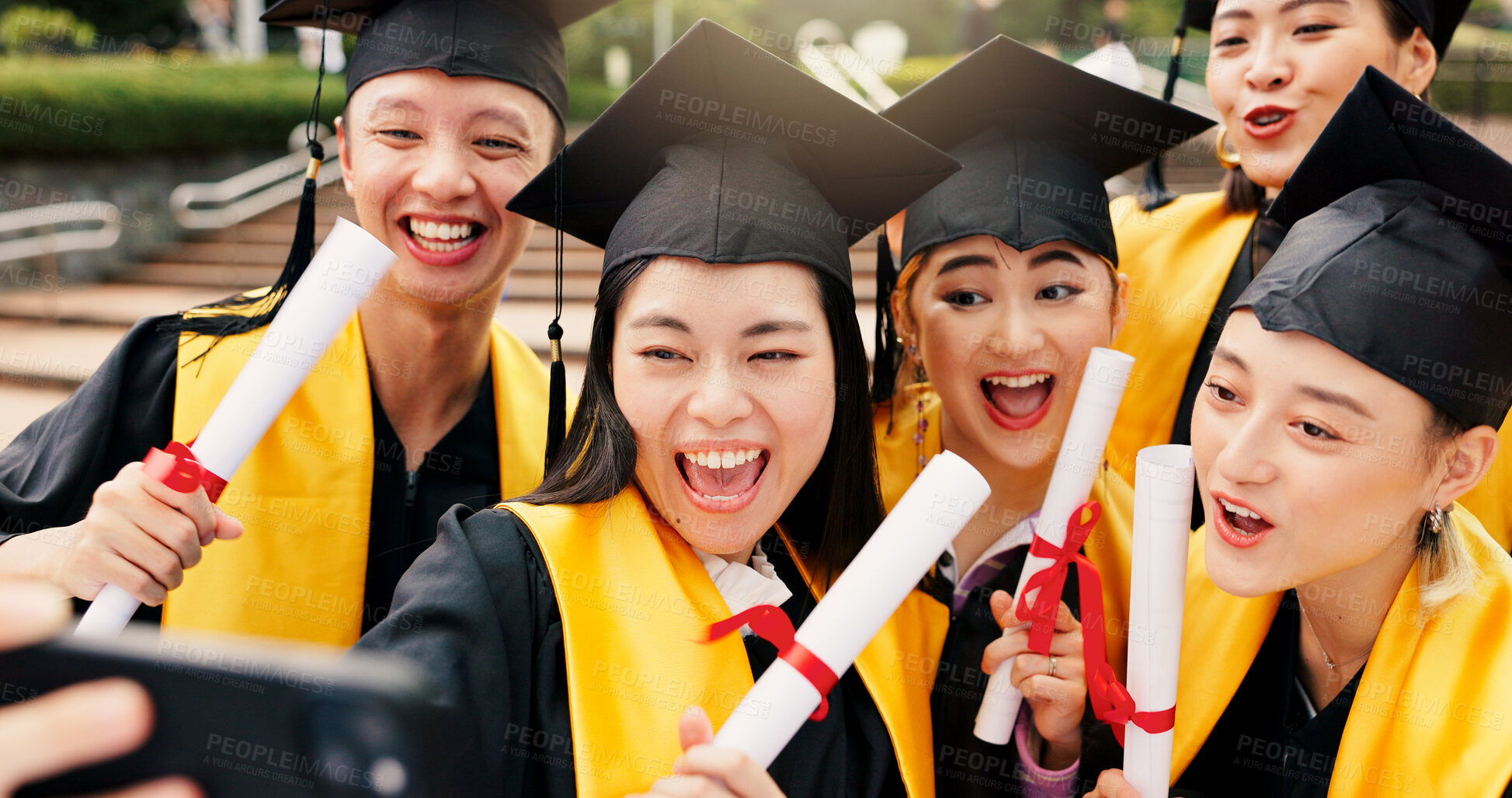 Buy stock photo People, university student and excited on graduation with selfie for social media or profile picture in Japan. Classmates, campus and smile with scroll for memory, success and achievement as friends