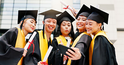 Buy stock photo Friends, college student and happy on graduation with selfie for social media or profile picture in Japan. People, campus and smile with scroll for memories, success and achievement as classmates