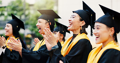 Buy stock photo Asian people, applause or group of students at graduation or university for education or success. College goal, excited or happy graduates on outdoor campus with degree, milestone or diploma in Japan