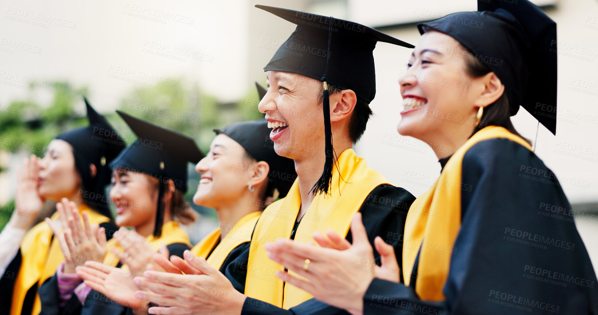 Buy stock photo Clapping, graduation and group of students, education and excited for success, happy and achievement. College, accomplishment and applause for knowledge, friends and Asian people at event in Japan