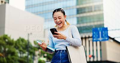 Buy stock photo Woman, happy and phone in city for social media, good news and student loan approval in Tokyo. Japanese girl, mobile and excited in town for scholarship opportunity, achievement and academic report