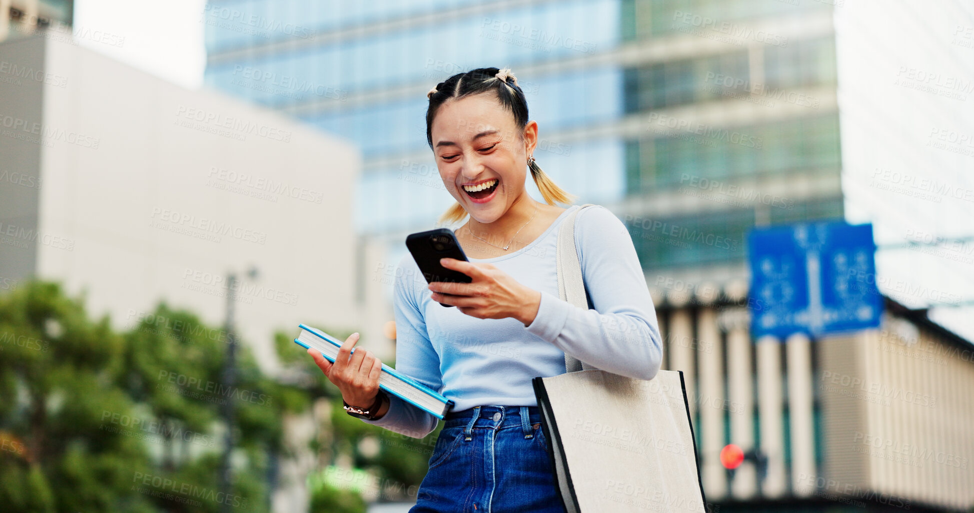 Buy stock photo Woman, happy and phone in city for social media, good news and student loan approval in Tokyo. Japanese girl, mobile and excited in town for scholarship opportunity, achievement and academic report