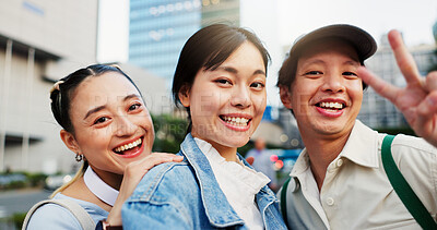 Buy stock photo Portrait, people and smile with selfie in city for photography, social media post and travel abroad. Friends, peace sign and profile picture update with tourism memory, reunion and vacation in Japan