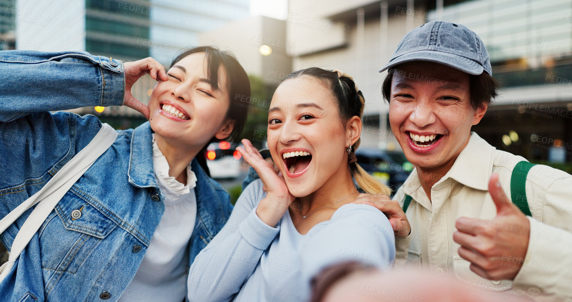 Buy stock photo Japanese, friends and selfie for portrait in city of photography, social media post and travel abroad. People, commute and profile picture update of tourism memory, reunion and bonding in urban Japan