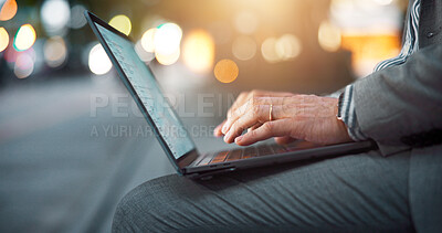 Buy stock photo Business person, hands and night with laptop in city for research, communication or email. Japan, closeup or freelancer working late with computer or street lights for network or connection in town