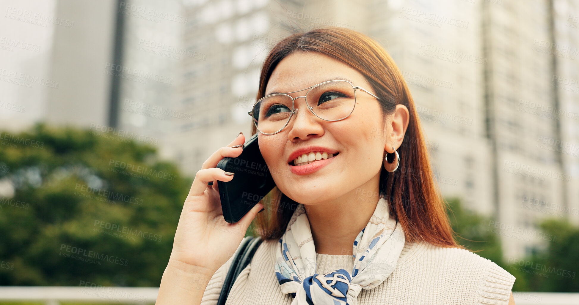 Buy stock photo Business woman, smile and phone call in city for travel, booking accommodation and trip update in Osaka. Girl, glasses and technology in Japanese town for contact, communication or career opportunity