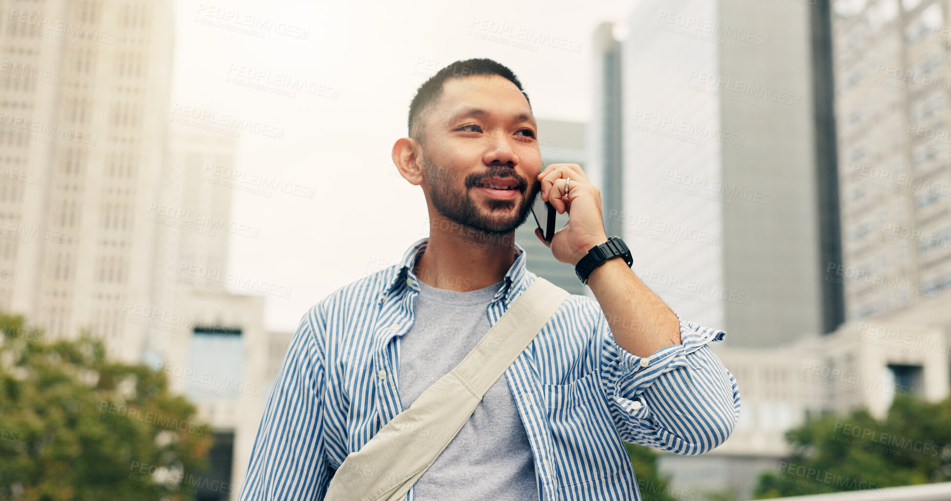 Buy stock photo Man, phone call and smile in city for travel, communication and booking accommodation in Tokyo. Person, happy and tech in Japanese town for contact, networking and planning holiday for sightseeing