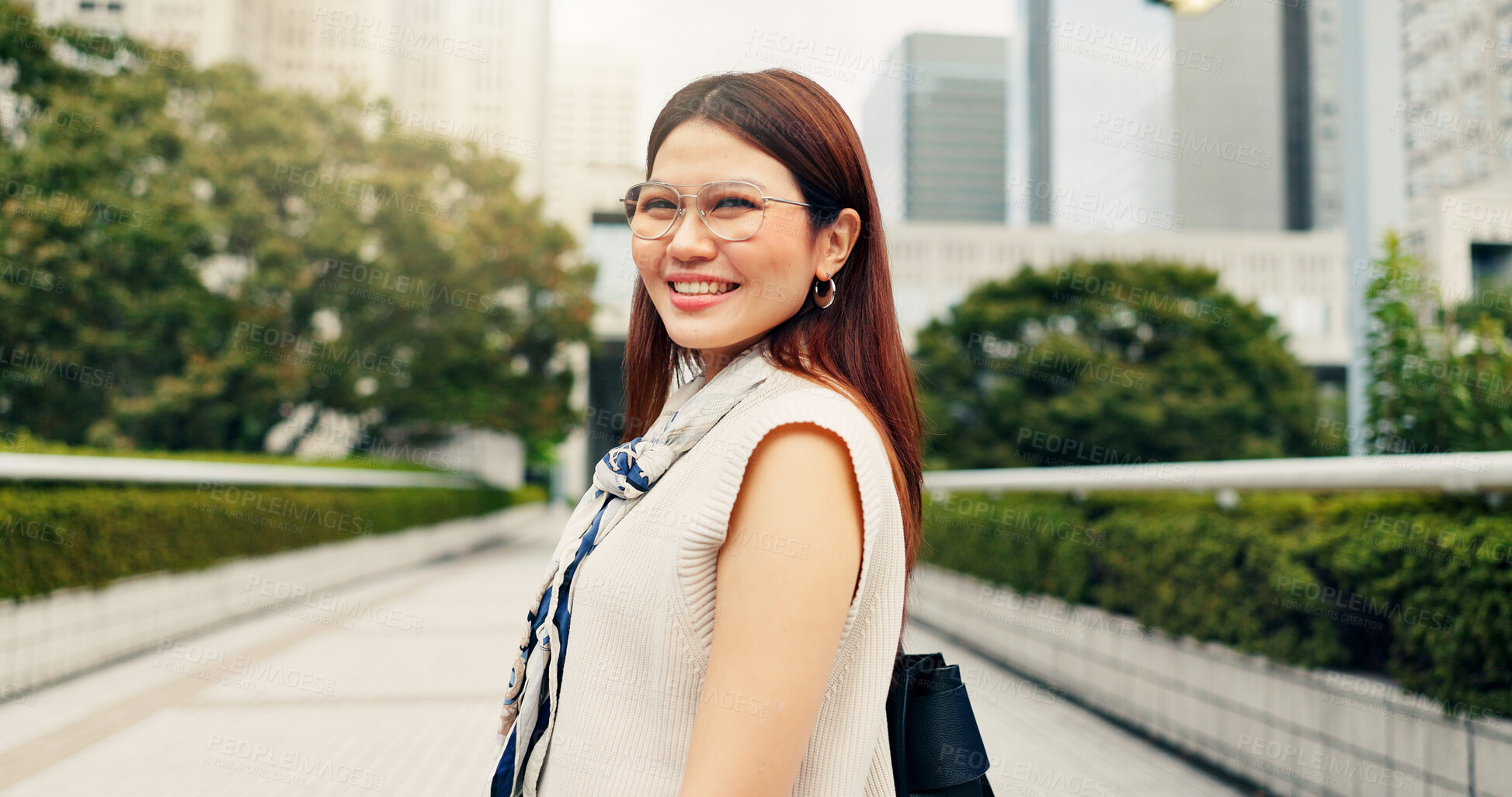 Buy stock photo Portrait, smile and business with Japanese woman in city for professional employee, career  and commute. Urban designer, happy and town with person in Japan outdoor for travel, pride and confidence