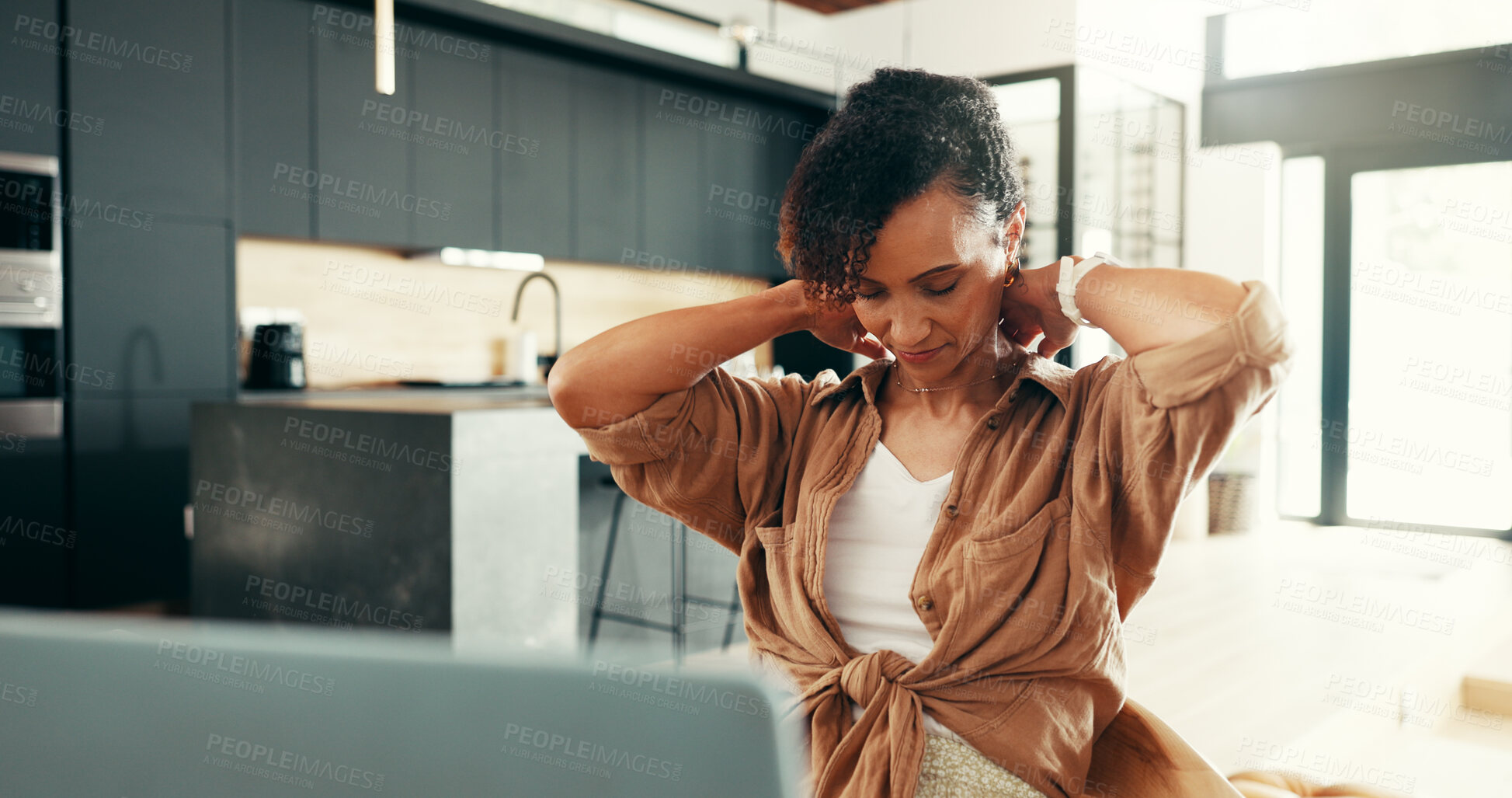 Buy stock photo Tired, neck pain and woman in home, laptop and person with burnout, overworked or tension of muscle. Fatigue, thinking and freelancer in kitchen, sore and exhausted with injury, web designer or house