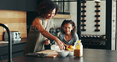 Buy stock photo Child, happy mother and pour milk for breakfast cereal, hungry or health in family home. Mom, kid and prepare food in kitchen, help and parent serve organic morning meal for nutrition, diet or growth